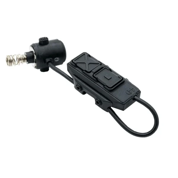 Cloud Defensive REIN Dual Button Switch, black top view with two raised buttons and cable