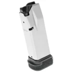 Springfield Armory Hellcat Pro handgun magazine, angled view with silver body and black base