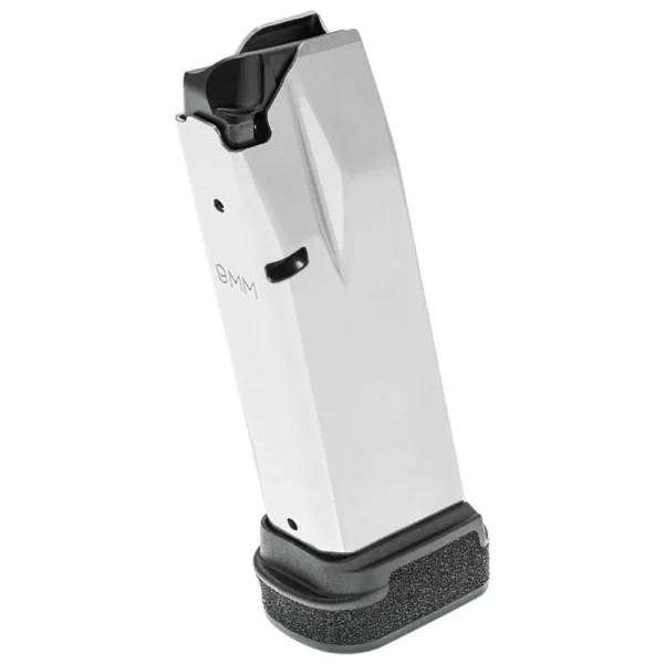 Springfield Armory Hellcat Pro handgun magazine, angled view with silver body and black base