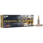 Federal Trophy Copper Rifle Ammunition box with two cartridges, angled front view