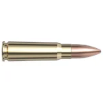 Hornady Frontier Rifle Ammunition 7.62x39, side view of one brass cartridge with copper bullet