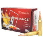 Hornady Superformance Rifle Ammunition 7mm-08 Rem red box with two brass cartridges