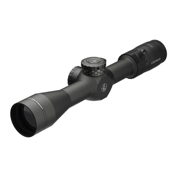 Leupold Mark 4HD Rifle Scope, black angled view with objective lens and adjustment turrets