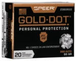 Speer Gold Dot ammunition box, black and copper front view