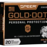 Speer Gold Dot ammunition box, black and copper front view