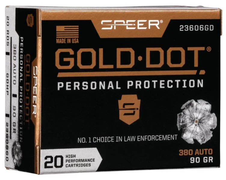 primary-50036 Speer Gold Dot ammunition box, black and copper front view