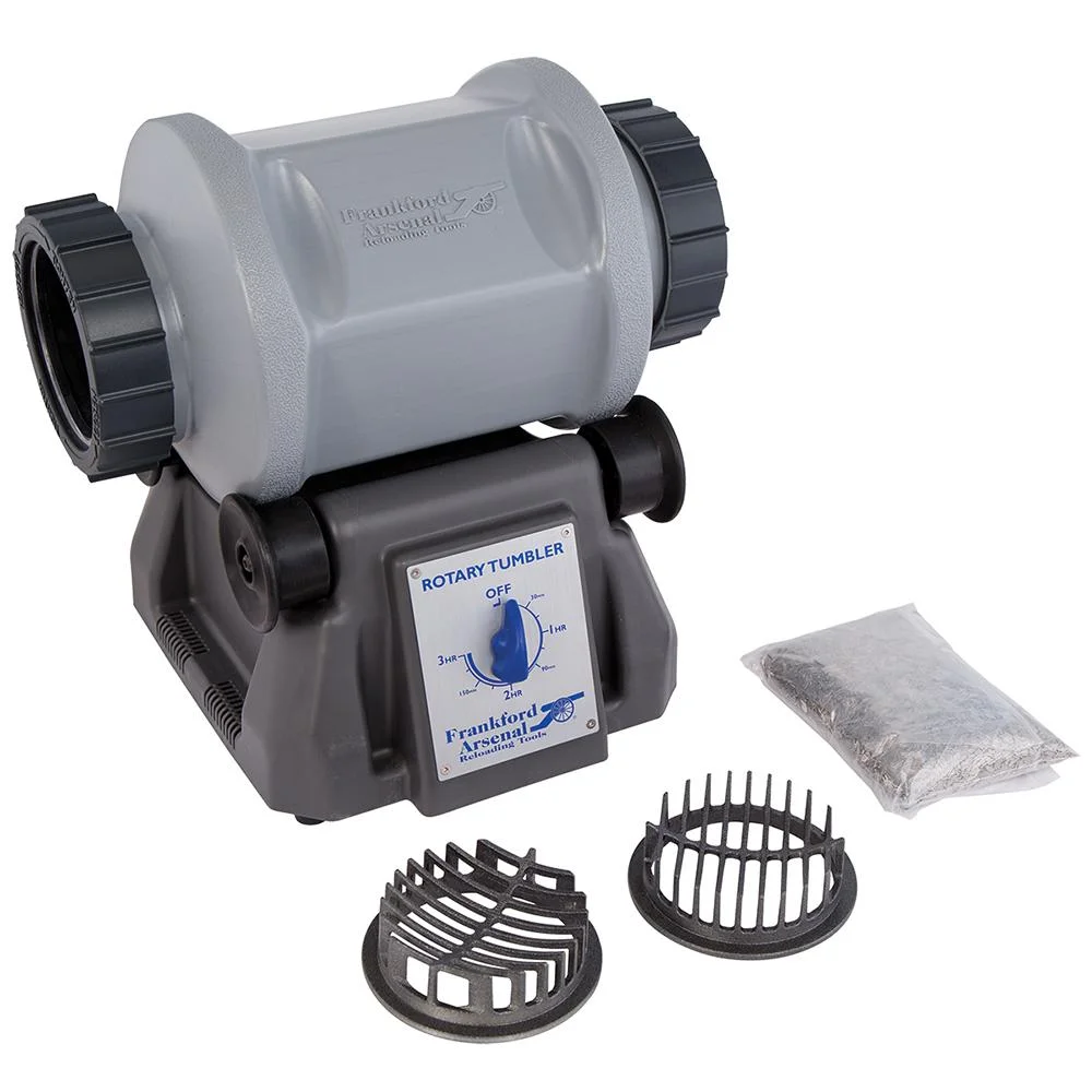 primary-50038 AOB Frankford Arsenal Platinum Series Rotary Tumbler, gray drum on black base with accessories