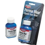 Birchwood Casey Perma Blue Liquid Gun Blue, blue bottle with white cap beside retail package