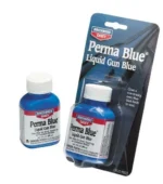 Birchwood Casey Perma Blue Liquid Gun Blue, blue bottle with white cap beside retail package