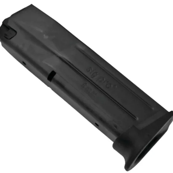Sig Sauer SP2022 Handgun Magazine, angled side view in black with witness holes and extended base