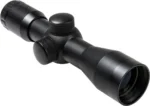 NcSTAR TACTICAL SERIES 4X30 COMPACT SCOPE/BLUE LENS, black angled side view with adjustment knobs