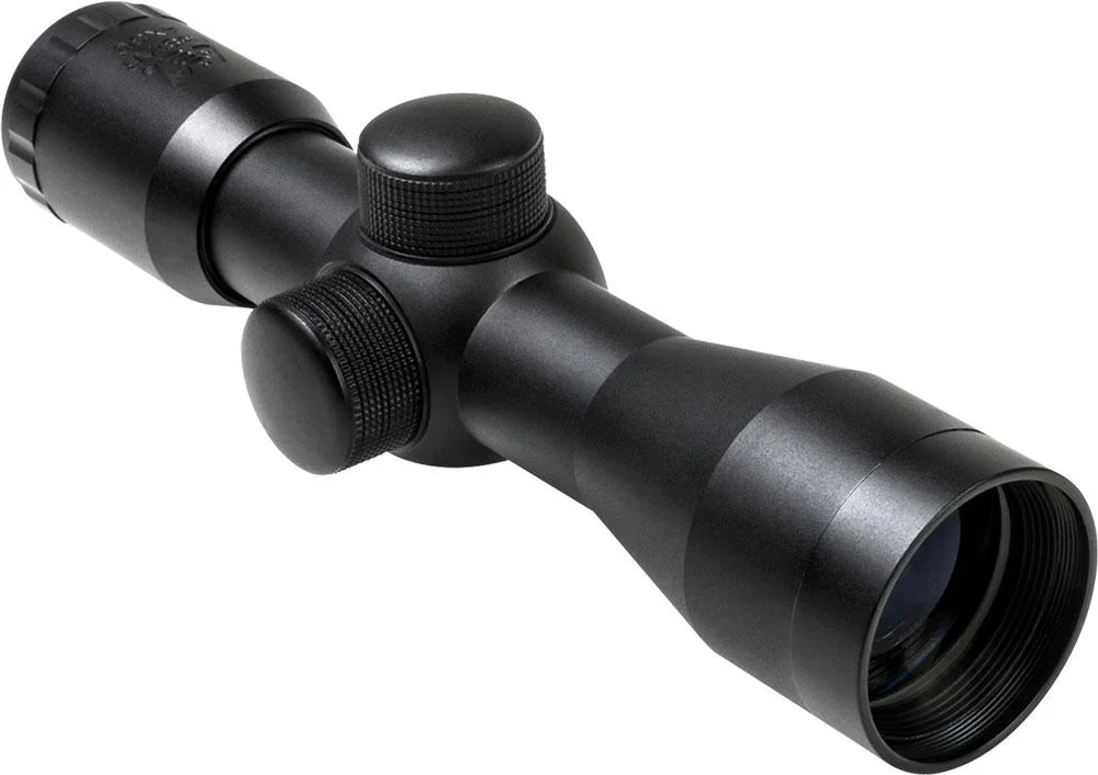 primary-50064 NcSTAR TACTICAL SERIES 4X30 COMPACT SCOPE/BLUE LENS, black angled side view with adjustment knobs