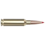 Hornady HRNDY SF side view of brass cartridge with copper-colored bullet and red polymer tip