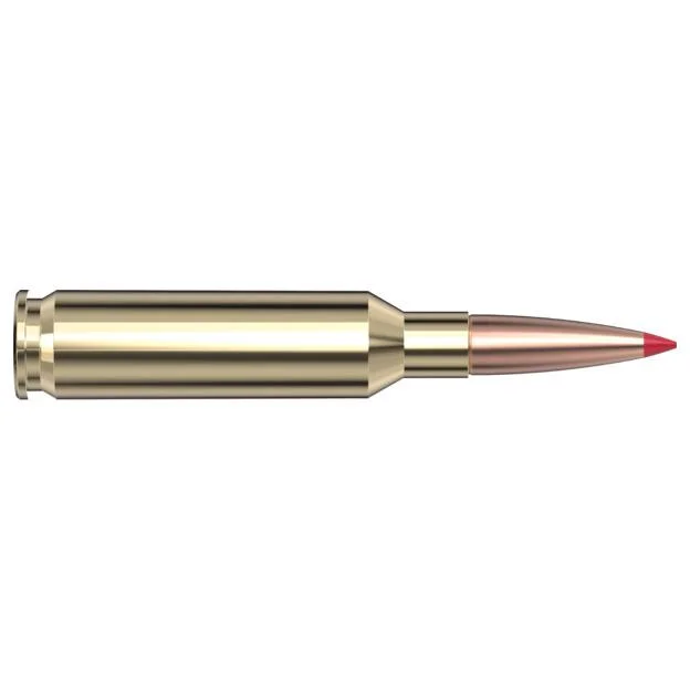 primary-50078 Hornady HRNDY SF side view of brass cartridge with copper-colored bullet and red polymer tip