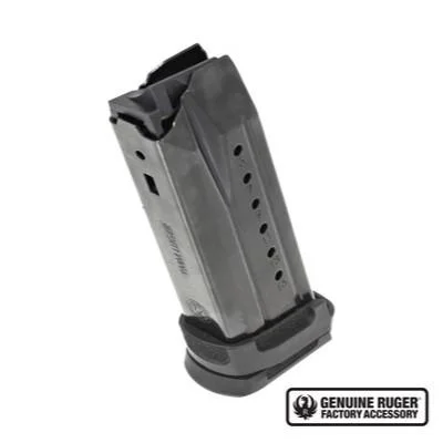 Ruger Security-9 Compact Magazine, angled view of black steel magazine with polymer adapter