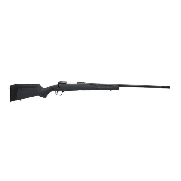 Savage Arms 110 Long Range Hunter rifle, left-side view with grey stock and long black barrel