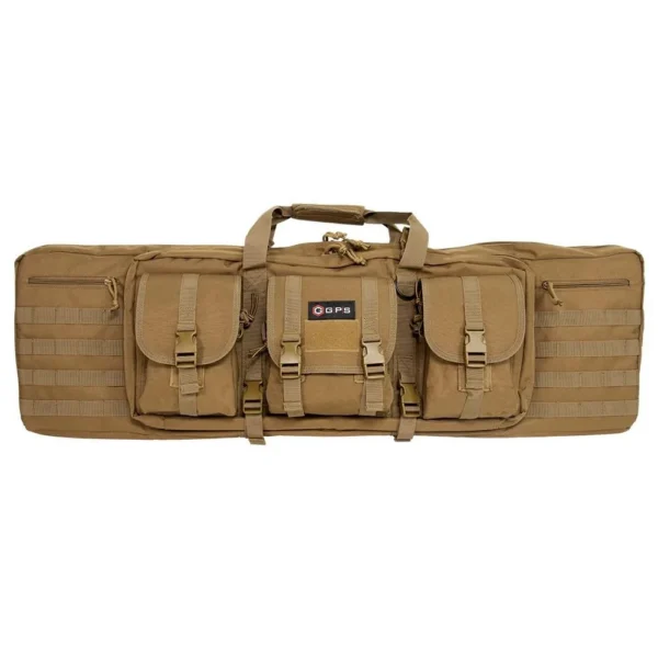 G-Outdoors Double Rifle Case, front view in flat dark earth with handles, straps and exterior pouches