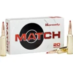 Hornady Match Rifle Ammunition, white and black 20-cartridge box with brass cartridges around it