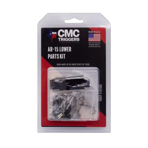 CMC AR-15 Lower Receiver Parts Kit, small black parts in clear retail blister packaging