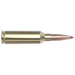 Hornady HRNDY VM 6.5PRC ELD-VT cartridge, right-side view with brass case and red polymer tip