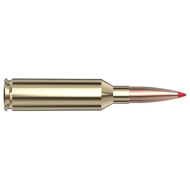 primary-50119 Hornady HRNDY VM 6.5PRC ELD-VT cartridge, right-side view with brass case and red polymer tip