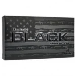 Hornady Black Rifle Ammunition, black retail box with gray flag pattern, front view