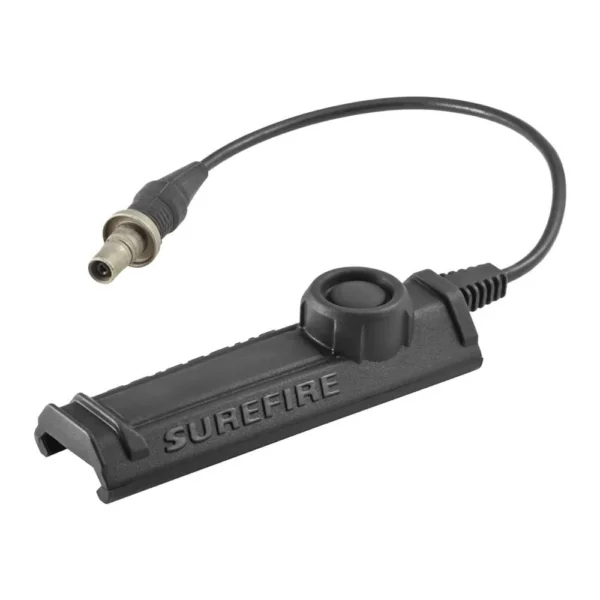 Surefire SR07 black remote dual switch with attached cable and connector, angled top view