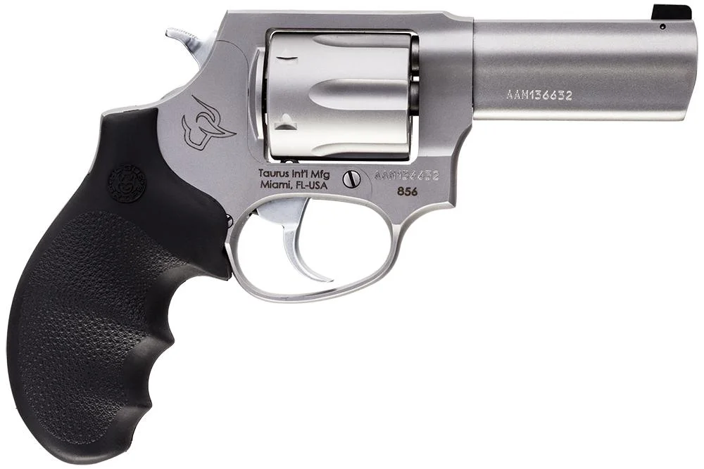 primary-50130 Taurus Defender 856 matte stainless revolver, right-side view with black grip