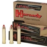 Hornady LEVERevolution Rifle Ammunition, three branded boxes with five upright cartridges