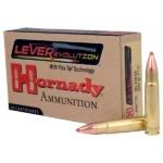 Hornady LEVERevolution Rifle Ammunition, tan box with three brass cartridges