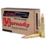 Hornady HRNDY LVREVO ammunition box with three brass cartridges and red-tipped bullets