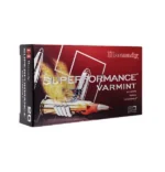 Hornady Superformance Rifle Ammunition red and black Varmint box, angled front view