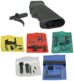 CMMG LPK 556 BLK, black grip and lower parts arranged in color-coded packets