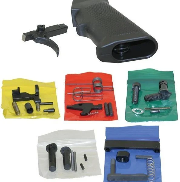 CMMG LPK 556 BLK, black grip and lower parts arranged in color-coded packets