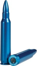 Pachmayr A-Zoom Aluminum Snap Caps, two blue cartridges shown upright and on side