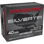Winchester Silvertip handgun ammunition, angled front view of black and red retail box
