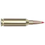 Hornady Precision Hunter ELD-X Rifle Ammunition brass cartridge with red-tipped bullet, side view