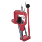 Hornady Lock-N-Load Classic Loader, red reloading press with upright handle, angled front view