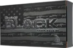 Hornady Black Rifle Ammunition, black branded box shown from the front and right side