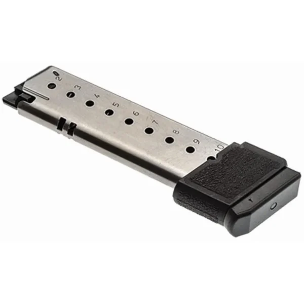 Sig P220 magazine, silver angled side view with witness holes and black extended baseplate