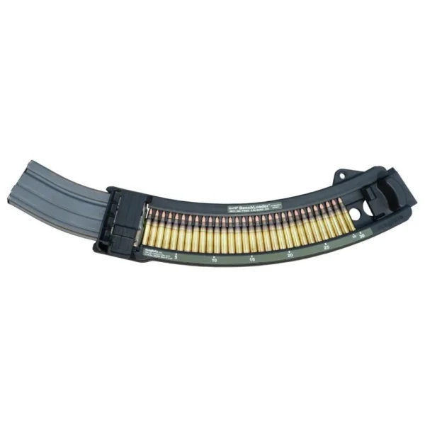 MAGLULA RANGE BENCHLOADER, curved black loader with visible brass cartridges and blue handle