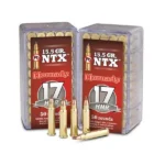Hornady HRNDY 17HMR 15.5GR NTX, two red ammunition boxes with cartridges in front