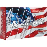 Hornady American Whitetail red, white and blue shotshell ammunition box, angled front view