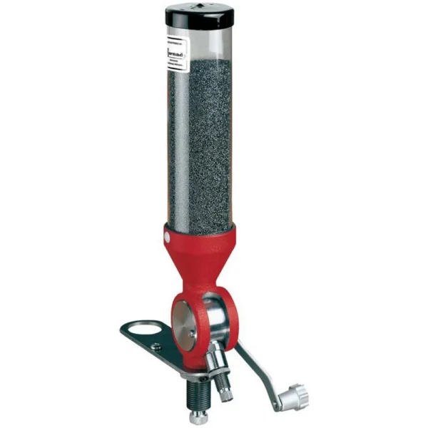 Hornady Lock-N-Load Powder Measure, upright view with clear hopper, red body and metal mount