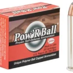 CORBON POW'RBALL, red and black ammunition box with one brass cartridge, front view
