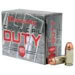 Hornady Critical Duty Handgun Ammo, gray retail box with two brass and copper cartridges