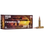 Federal FED FUSION MSR, black and orange ammunition box with two brass cartridges, front view