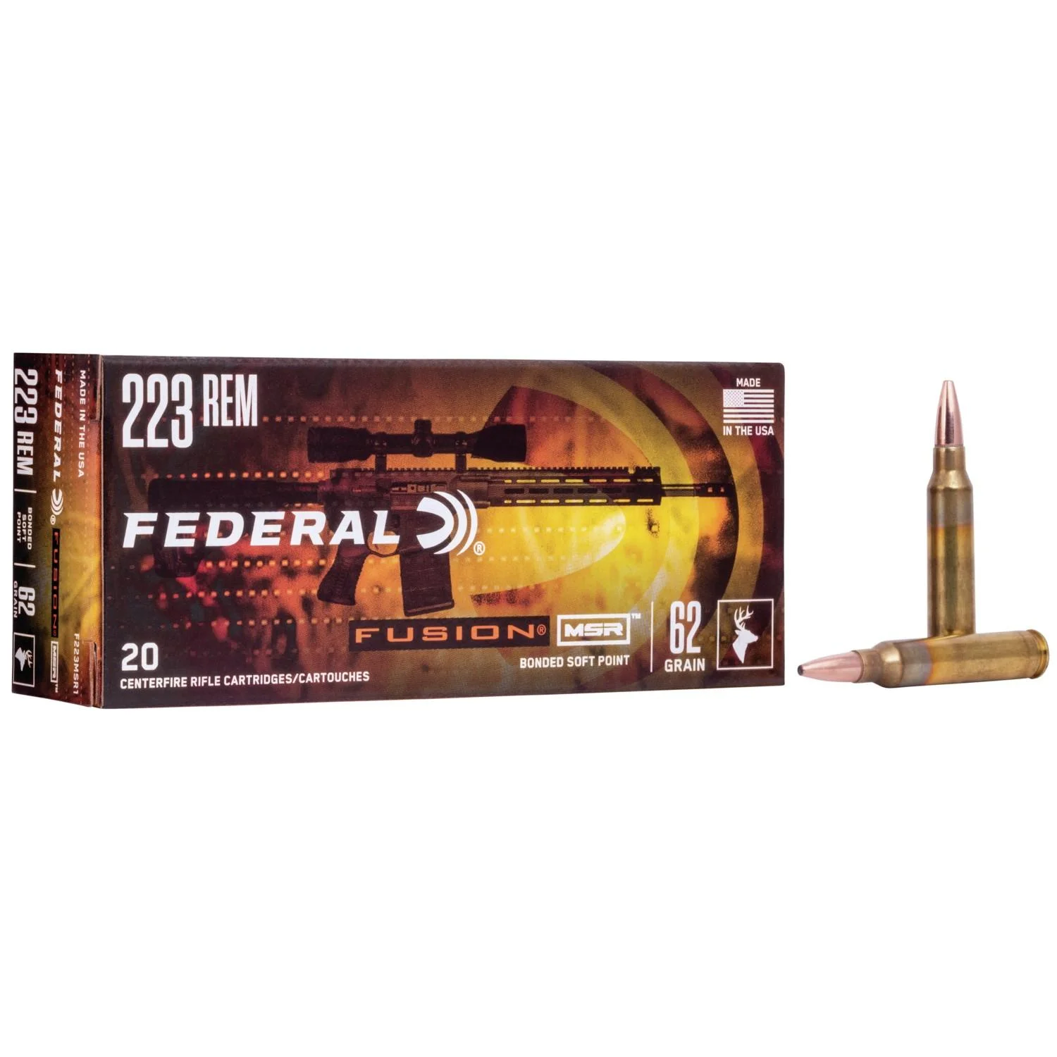 primary-50261 Federal FED FUSION MSR, black and orange ammunition box with two brass cartridges, front view