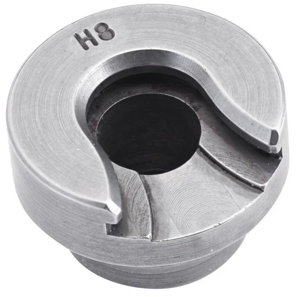 Hornady Shell Holder, silver circular holder marked H8, top view