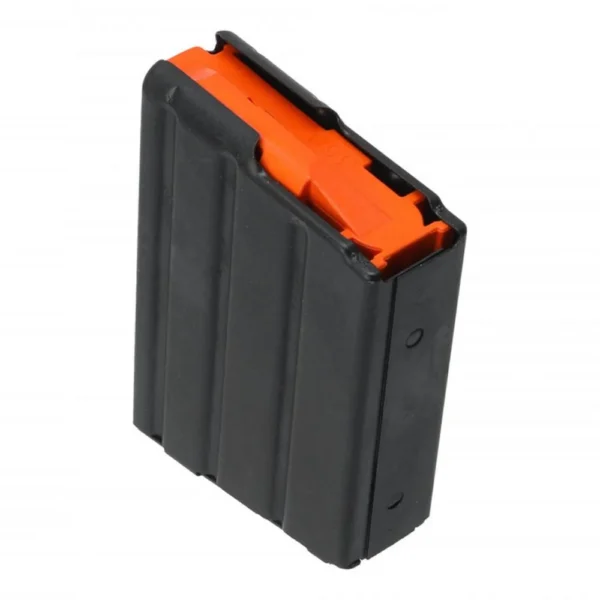C Products Defense Inc. DuraMag rifle magazine, black angled view with orange follower